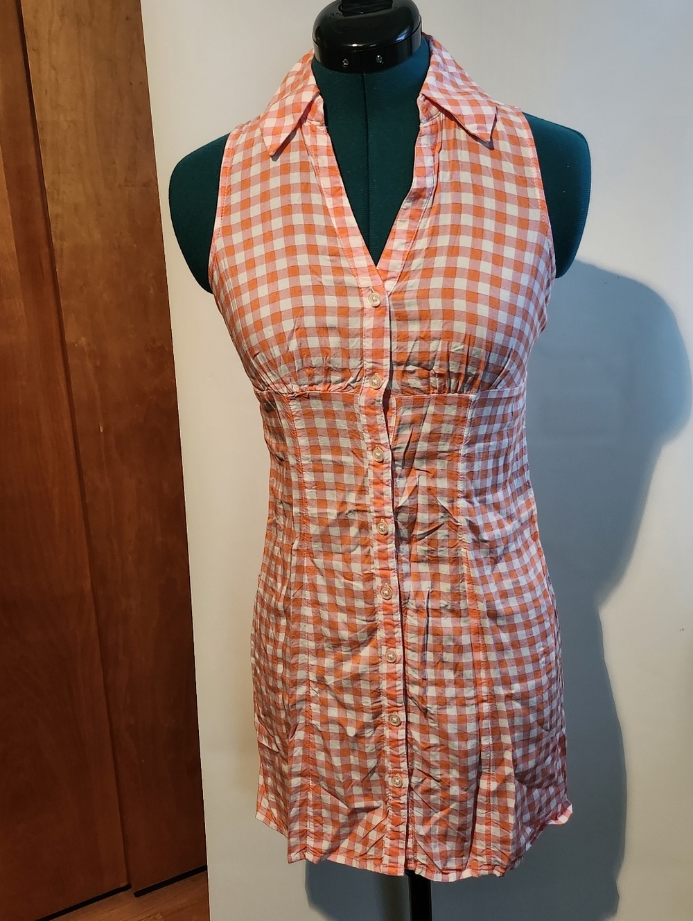 SO Orange and White Gingham Sleeveless Button-Front Mini Dress